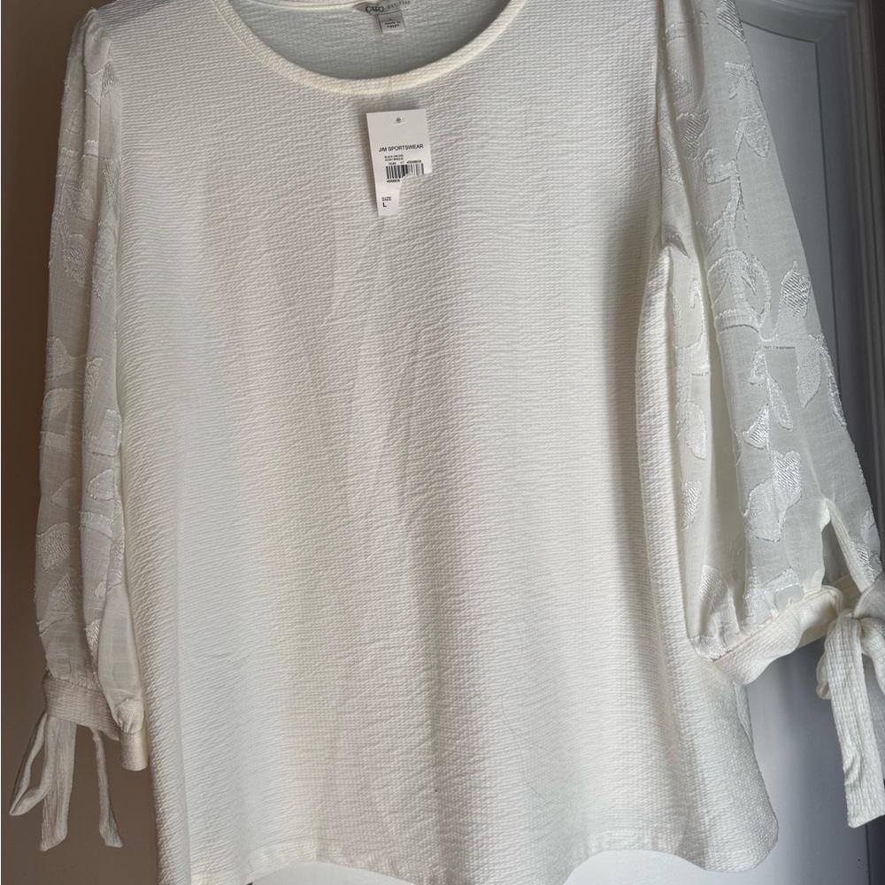 Cato White Textured Blouse with Sheer Sleeves